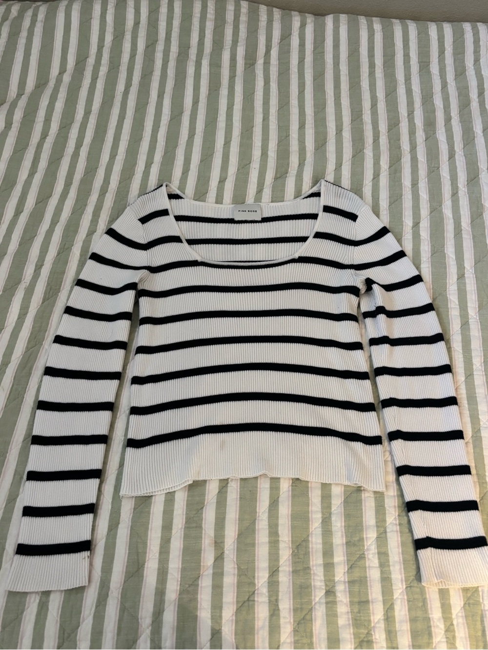 Pink Rose White and Black Striped Scoop Neck Sweater